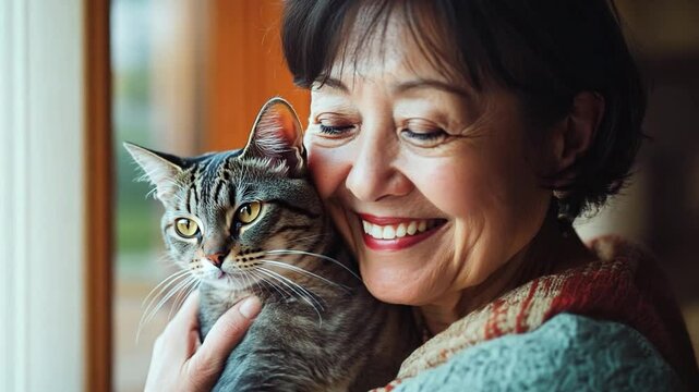 Asian mature woman smiles while cuddling her pet cat by the window in a warm, cozy setting during a sunny afternoon