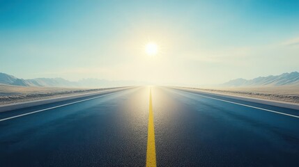 Fototapeta premium Deserted highway stretches out under the midday sun, captured in 8K resolution with the sun directly overhead The scene is rendered with ultrarealistic detail and perfect focus