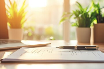 Fototapeta premium Pen resting on a document on an office desk, symbolizing business, agreements, or legal paperwork