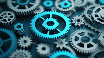 Complex gear system, intricate metal gears in motion, 3D illustration