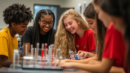 A group of students in a classroom setting, working on a science experiment and smiling.