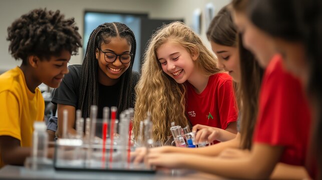 A group of students in a classroom setting, working on a science experiment and smiling.