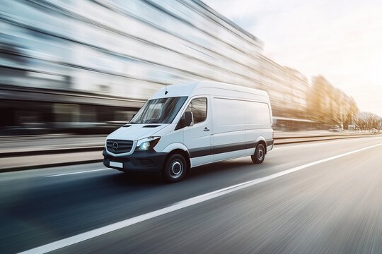 White delivery van driving on a highway with a city skyline in the background, representing urban logistics and fast transportation