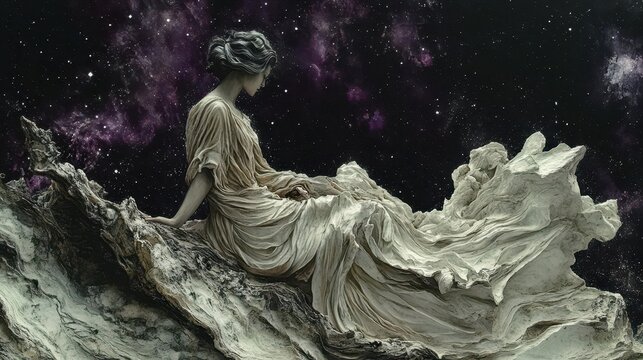 classical sculpture reimagined nyx goddess of night flowing robes blend into starry sky ethereal mysterious aura marblelike texture with cosmic elements integrated