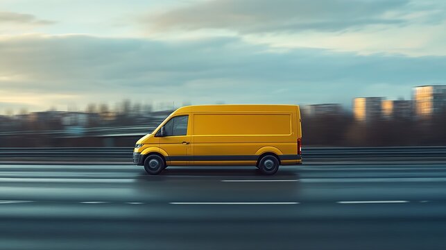 Yellow delivery van driving on a city highway at high speed, symbolizing fast logistics and urban transportation