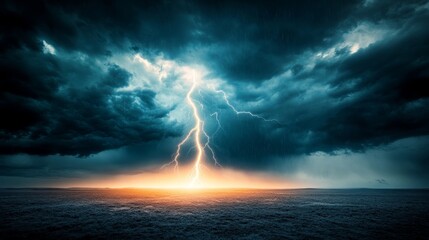 Lightning bolts illuminating a dark rural landscape during a storm, rural lightning, dramatic contrast in weather