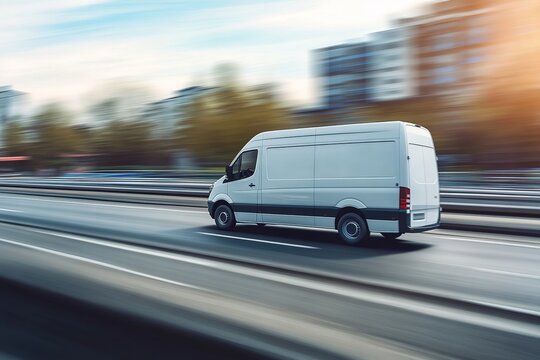 White delivery van driving on a highway with a city skyline in the background, representing  fast transportation