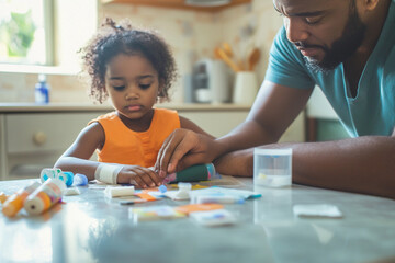 A black father provides first aid to his daughter. The father puts a bandage on his daughter.