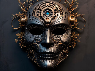 intricately designed mask, unique elements, bioluminescent tribal patterns, Mechanical gears and cogs, steampunk aesthetic- generated by ai