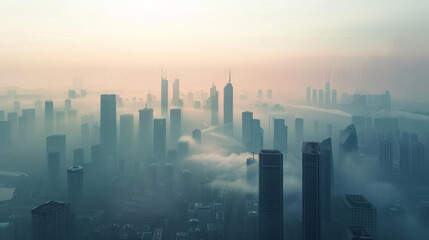 Fototapeta premium A city skyline where buildings are giant air purifiers, shrouded in mist and fog, creates serene and futuristic atmosphere.