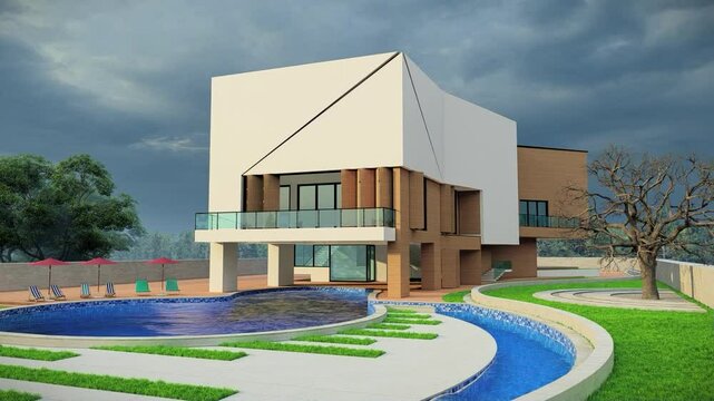 Modern building space exterior design with a curly swimming space 3D rendered with Lumion