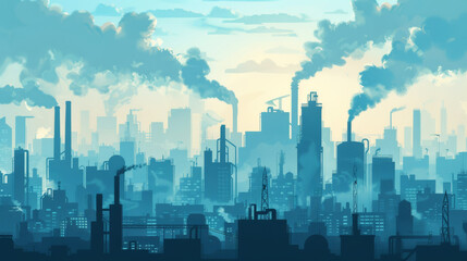 Naklejka premium A city skyline filled with industrial buildings and smokestacks, creating moody atmosphere with smoke rising into sky.