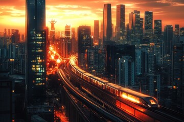 Fototapeta premium Futuristic City with High-Speed Train at Sunset
