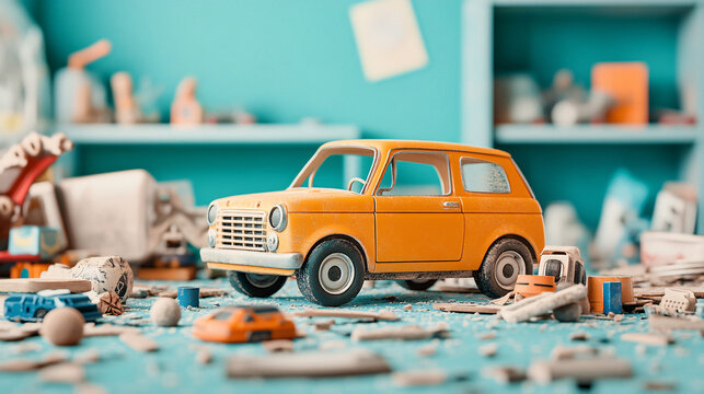 A toy car is sitting on a messy floor with other toys scattered around it. The scene gives off a sense of chaos and disorganization - Powered by Adobe