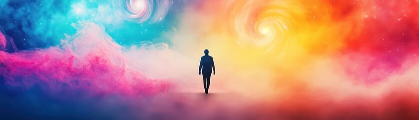 A surreal figure walking through a landscape of bright, flowing colors with swirling galaxies in the sky, symbolizing limitless creativity