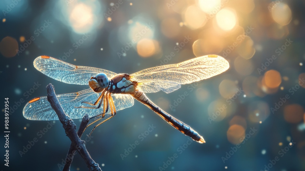 Poster a macro perspective of a dragonfly perched on a twig, with its wings shimmering in the sunlight, sho