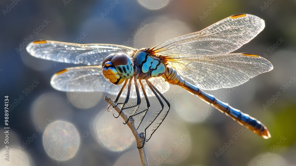 Poster a macro perspective of a dragonfly perched on a twig, with its wings shimmering in the sunlight, sho