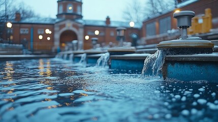 A cascading fountain with water flowing over the edge of the basin, creating a gentle ripple effect in the water.