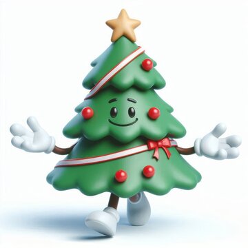 3D render of cute Christmas tree character with open arms isolated on white background. Festive holiday mascot design concept for Christmas