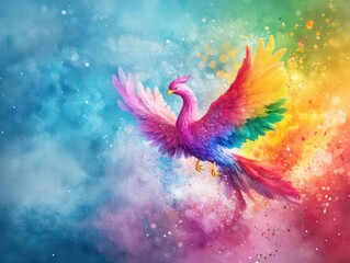 Obraz premium A multicolored phoenix rising from a sea of vibrant colors, symbolizing rebirth and the power of creative imagination