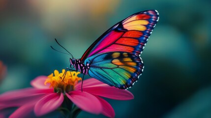 Fototapeta premium A macro shot of a vibrant butterfly resting on a flower, with its colorful wings spread wide, capturing the beauty of nature and pollination.