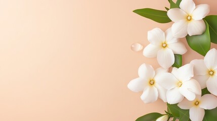 Fototapeta premium Beautiful white flowers with green leaves on a soft peach background.