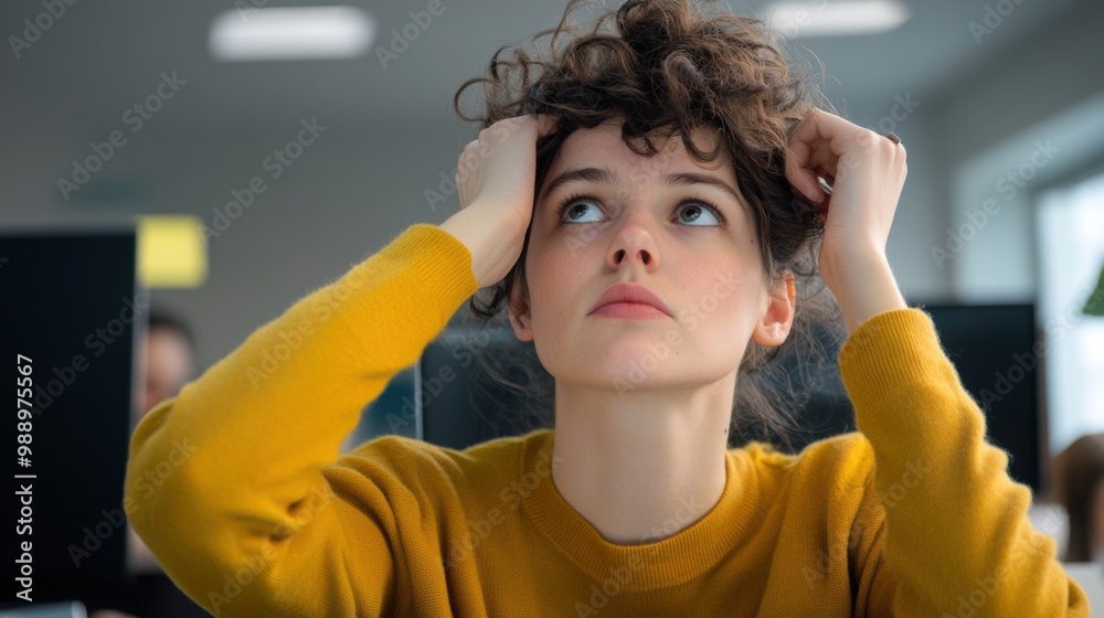 Sticker A woman with curly hair in a yellow sweater holding her head, AI