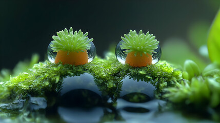 Tiny Plants in Water Droplets on Moss: Nature's Miniature World