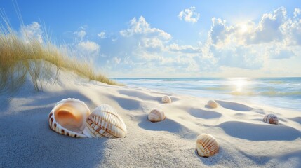 Obraz premium A serene beach scene with seashells scattered across the sand.