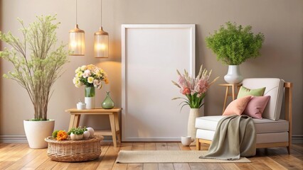Mock up poster in warm, cozy home interior with springtime decorations, render