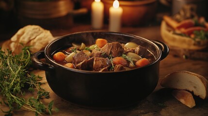 A warm, hearty beef stew filled with tender meat, carrots, potatoes, and herbs, served in a rustic pot with fresh bread.