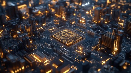 A close-up of a motherboard with its complex web of circuits, microchips, and connectors, bathed in soft, cool lighting.
