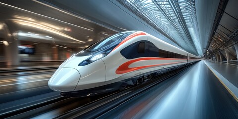 Fototapeta premium High-speed train traveling on a high-speed railway, aerial view, motion blur, tech model