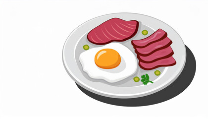 Fried Egg with Bacon and Ham on a Plate