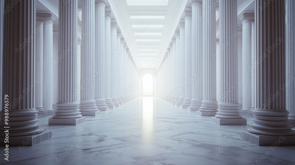 Sticker a bright, symmetrical hall featuring rows of classical white marble columns.