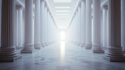 Fototapeta premium A bright, symmetrical hall featuring rows of classical white marble columns.