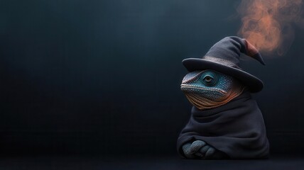 Chameleon dressed as a wizard, with a tiny hat and cloak, blending into a spooky Halloween background, magical and mysterious, 3D illustration