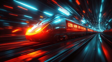 Fototapeta premium High-speed train traveling on a high-speed railway, aerial view, motion blur, tech model