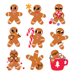 Funny gingerbread man vector characters set, 9 cookies with candy in cartoon style isolated on white background, Christmas holiday symbols
