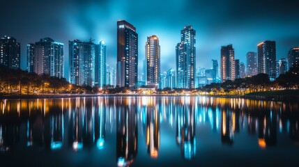 Fototapeta premium A nighttime cityscape with illuminated skyscrapers standing tall, their lights reflecting on nearby waterways, creating a stunning urban landscape.