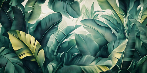 The room has large leaves art tropical pattern wallpaper