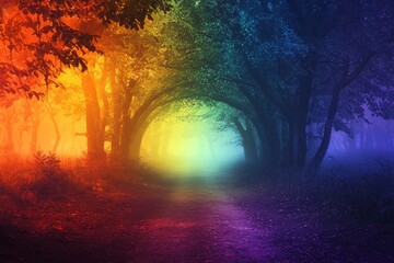 An archway leading into a rainbow-colored , misty, glowing forest, symbolizing stepping into the unknown with a vibrant, curious mindset. 