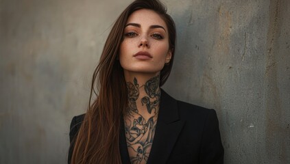 Fototapeta premium Trendy hispanic female model, with long hair, wearing plain black t-shirt and black blazer jacket over the top, tattoos and jewelry , woman with bad girl vibes over dark foggy background