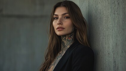Fototapeta premium Trendy hispanic female model, with long hair, wearing plain black t-shirt and black blazer jacket over the top, tattoos and jewelry , woman with bad girl vibes over dark foggy background