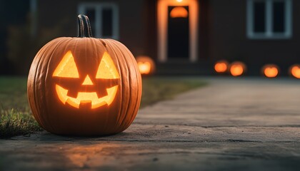 Obraz premium A carved pumpkin glows warmly on a pathway, surrounded by softly lit jack-o'-lanterns, embodying the Halloween spirit.