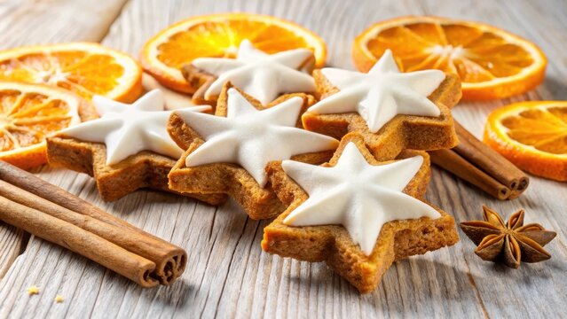 Traditional German zimtsterne cookies adorned with orange zest and cinnamon sticks - Powered by Adobe