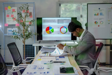 A man is sitting at a desk with a computer monitor in front of him