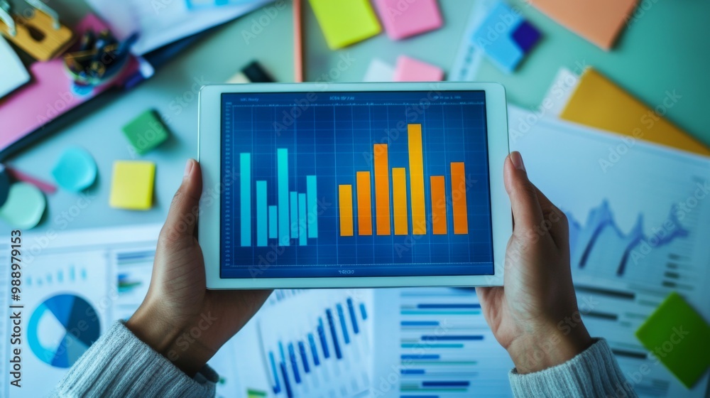 Poster a person holding a tablet displaying a bar chart, with a background of office supplies and documents