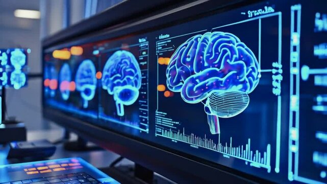 Visual representation of a brain with data analysis for scientific and technological purposes.