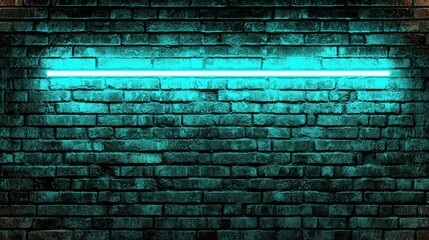 A bright blue neon light shines against a rugged brick wall, creating a striking contrast in the dark.